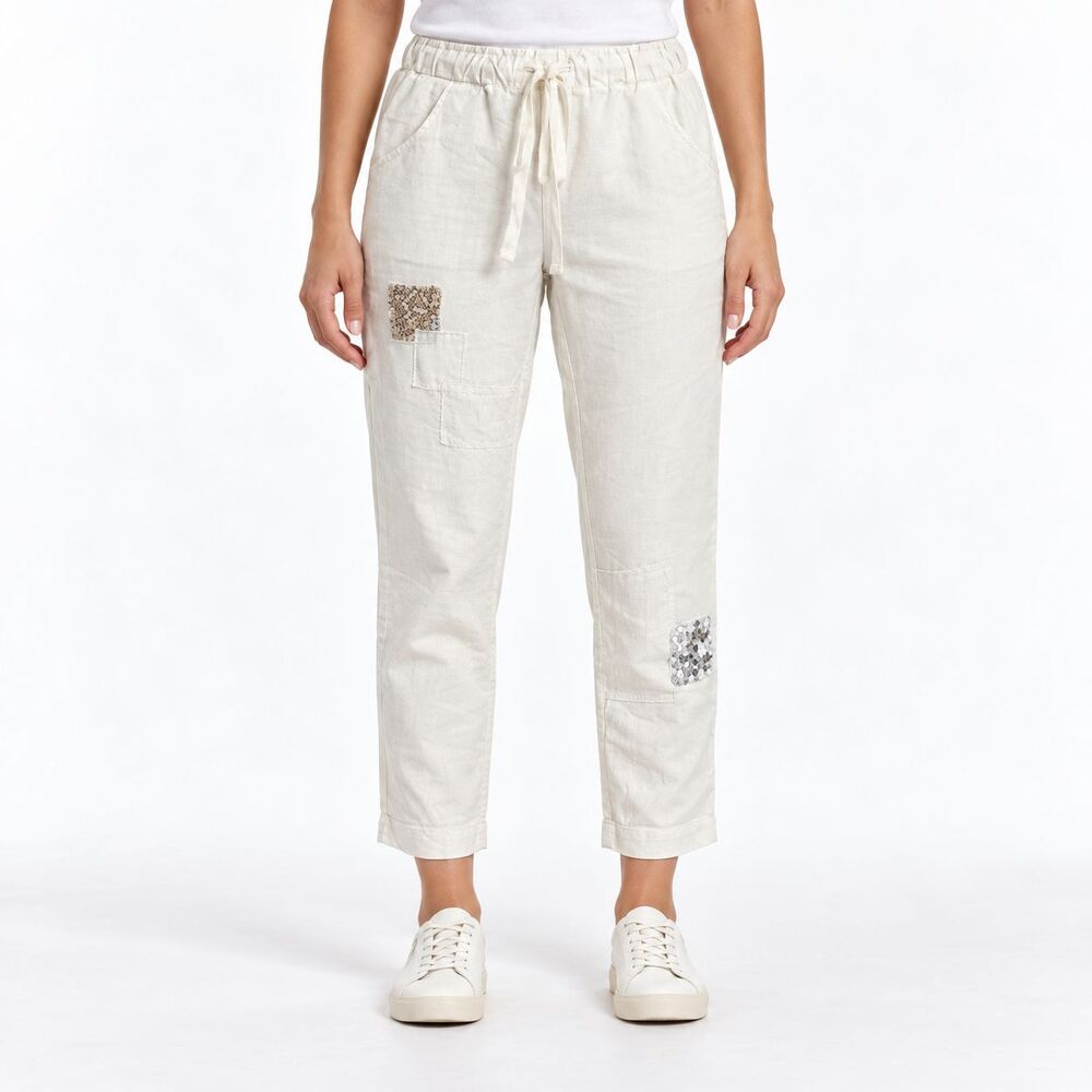 Made in Italy White Sequin Patch Drawstring Pants Cropped Cuffed